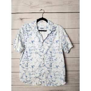 Demin & Flower Mens Button Down Shirt White Blue Floral Short Sleeve‎ Collar L